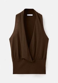 Haut marron sans manches avec un profond décolleté en V et une taille cintrée. Confectionné en tissu lisse, avec une coupe décontractée et un détail de couture minimal.