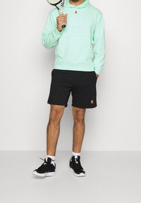 Sweat à capuche vert menthe avec cordon de serrage, short noir et baskets noires. La tenue est agrémentée d'un logo sur le sweat à capuche et le short pour plus de détails.
