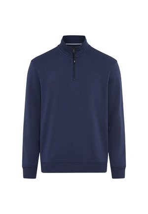 Maglione a maniche lunghe blu navy con una corta cerniera frontale e colletto alto, polsini e orlo a coste.