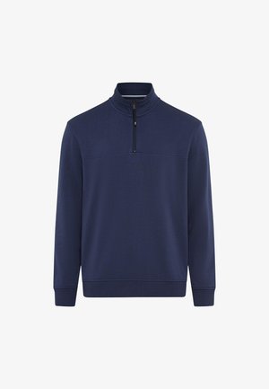 Maglione a maniche lunghe blu navy con una corta cerniera frontale e colletto alto, polsini e orlo a coste.