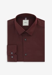 Burgunderfarbene Hemd mit strukturiertem Finish, durchgehender Knopfleiste und Kragen. Mit einem Etikett "NEXT TAILORING" und kontrastierenden Knöpfen.
