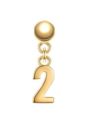 Guld dråbeørering med en sfærisk top og et hængende tal "2", der har en glat, poleret overflade og afrundede kanter.