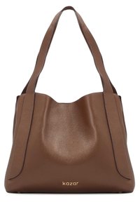 Brown leather tote bag with a textured finish, featuring a curved top, two long straps, and a subtle gold logo at the base.