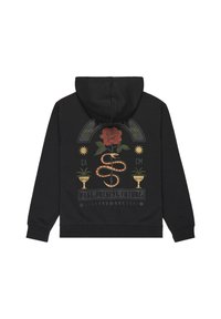 Black hoodie featuring intricate graphic designs, including a red rose, snake, and text "PAST. PRESENT. FUTURE" in various colors.