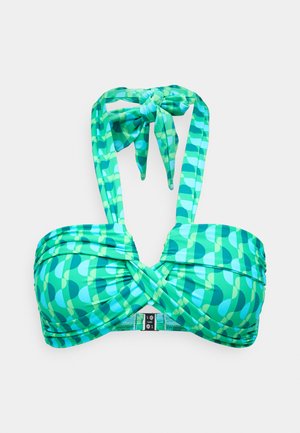 Haut de bikini sans bretelles avec un motif de vagues vertes, un design froncé et des liens réglables. Le matériau est lisse et extensible.