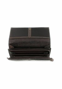 Brown leather wallet with a soft texture, featuring multiple card slots, a zipper compartment, and a snap closure.