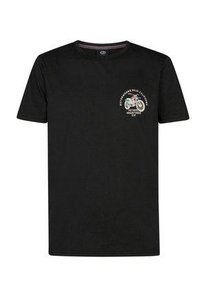 Schwarzes Baumwoll-T-Shirt mit Rundhalsausschnitt, kurzen Ärmeln und einem vorderen Aufdruck mit einem Motorraddesign und Text in kontrastierenden Farben.