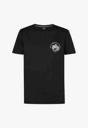 Zwart katoenen T-shirt met een ronde hals, korte mouwen en een frontafbeelding met een motief van een motor en tekst in contrasterende kleuren.