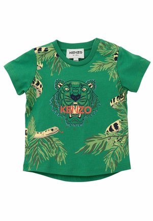 Grünes Kinder-T-Shirt mit Dschungelblättern, Schlangen und einem brüllenden Tigerkopf mit dem Schriftzug „KENZO“ in der Mitte.