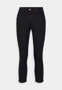 Vaqueros skinny negros hechos de material elástico. Incluye un clásico diseño de cinco bolsillos, presillas para el cinturón y un cierre frontal con botón.
