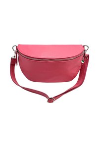 Roze leren handtas met een ronde vorm, bovenste ritsafsluiting en een afneembare schouderband. Voorzien van een klein accent van de Italiaanse vlag.
