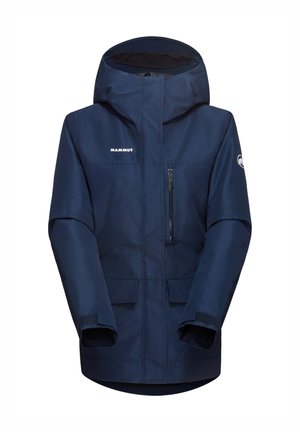 Marineblauwe waterdichte jas met een capuchon, ritssluiting aan de voorkant, twee zijzakken en verstelbare manchetten; met logo op de borst en mouw.