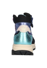 Multicolor high-top sneaker featuring a black mesh upper, glossy blue and teal overlays, and a cream midsole with a textured black outsole.