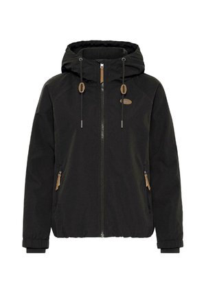 Veste noire à capuche avec fermeture éclair frontale, capuche avec cordon de serrage et boutons brun, poches latérales zippées et poignets élastiques.