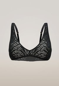 Reggiseno wireless in pizzo nero con spalline regolabili e un sottile motivo floreale, mostrato frontalmente su uno sfondo neutro.