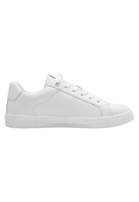 Baskets en cuir blanc avec une finition lisse, bout arrondi, semelle en caoutchouc plate et six œillets pour les lacets. Design minimaliste sans marque visible.