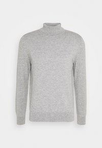 Maglione grigio a collo alto realizzato in un tessuto morbido, con maniche lunghe, una forma aderente e un collo e polsini a costine.