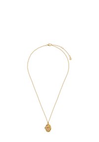 Collana in oro con pendente rotondo caratterizzato da un design floreale e accenti colorati, che mette in evidenza dettagli intricati e una finitura liscia.