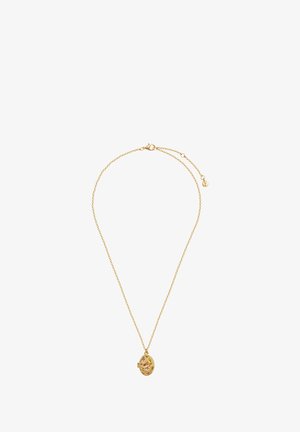 Goldkette mit rundem Anhänger, der ein florales Design und farbenfrohe Akzente zeigt, mit filigranen Details und einer glatten Oberfläche.