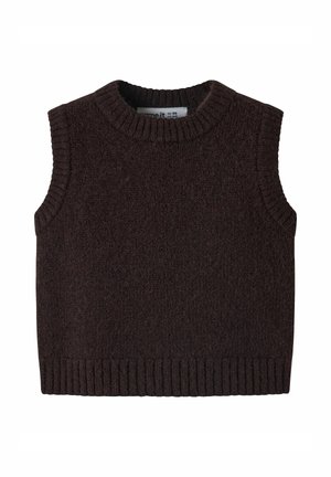 Gilet en laine tricoté sans manches de couleur marron foncé avec col, emmanchures et bas côtelés, présenté à plat sur fond blanc.