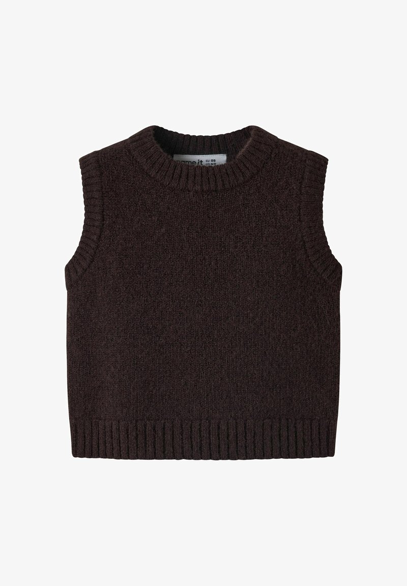 Gilet en laine tricoté sans manches de couleur marron foncé avec col, emmanchures et bas côtelés, présenté à plat sur fond blanc.
