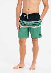 Groene geruite zwemshorts met een zwarte elastische tailleband en koord, met een horizontaal streepjespatroon in verschillende groen- en wittonen.