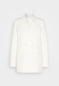 Dubbelknäppt vit kavaj med slag, två framfickor och slät textur. Har sex knappar framtill och en skräddarsydd passform.