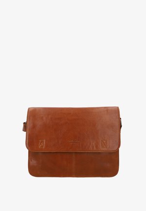 Ruda odinė pečių rankinė su uždarymu ant sklandos, turinti tekstūruotą apdailą, logotipo detalę ir siuvinėjimo akcentus kampuose. Reguliuojamas diržas.