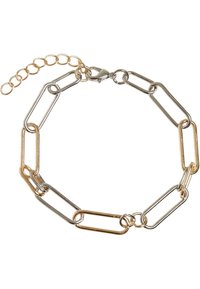 Bracciale in metallo a catena con elementi alternati nei colori oro e argento. Include un gancio e una catena di estensione regolabile per la vestibilità.