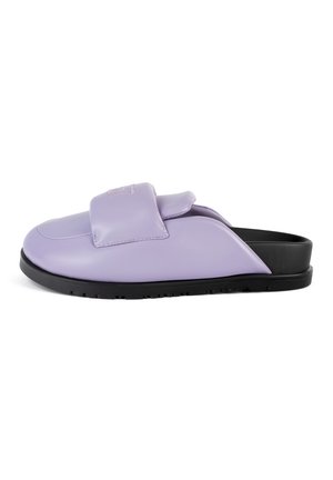 Purple leather slide sandal with a padded strap, black rubber sole, and smooth texture. Features a rounded toe and minimalist design.