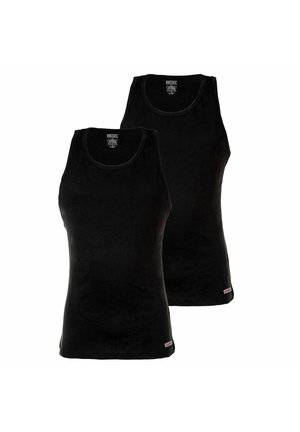 Zwei schwarze ärmellose Tanktops der Marke Diesel mit rundem Ausschnitt, nebeneinander auf weißem Hintergrund gezeigt.