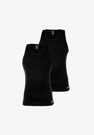 Zwei schwarze ärmellose Tanktops der Marke Diesel mit rundem Ausschnitt, nebeneinander auf weißem Hintergrund gezeigt.