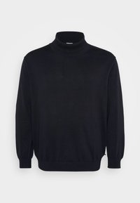 Schwarzer Rollkragenpullover aus weichem Material, mit langen Ärmeln und einem eng anliegenden gerippten Kragen sowie Bündchen. Klassisches, lässiges Design.