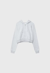 Sweat à capuche court gris clair zippé, manches longues, poches avant, capuche et cordons, présenté sur un fond uni.