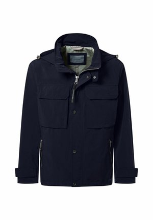 Marineblaue Jacke mit Frontreißverschluss, Druckknöpfen, zwei Brustklappentaschen, seitlichen Reißverschlusstaschen, verstellbaren Manschetten und einem inneren Netzfutter.