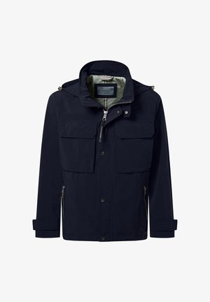 Veste bleu marine avec fermeture éclair sur le devant, boutons-pression, deux poches poitrine à rabat, poches latérales zippées, poignets réglables et doublure intérieure en maille.