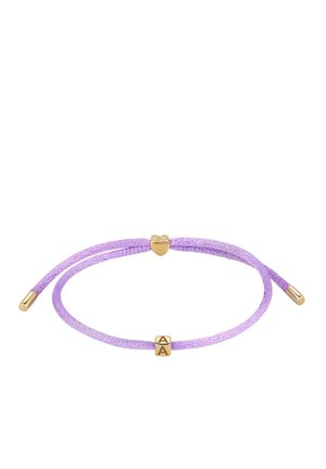 Adjustable lavender cord bracelet with gold heart-shaped clasp and gold cube bead engraved with letter A on white background.