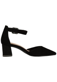 Chaussure femme en daim noir à talon bloc bas, bout pointu et bride de cheville réglable avec boucle.