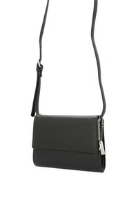 Black leather crossbody bag with flap closure, adjustable strap, and silver zipper pull detail on a white background.