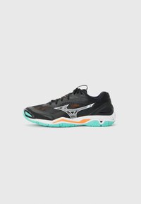 Black athletic shoe with mesh upper, silver accents, turquoise and orange details on sole, and black laces. Designed for performance and comfort.