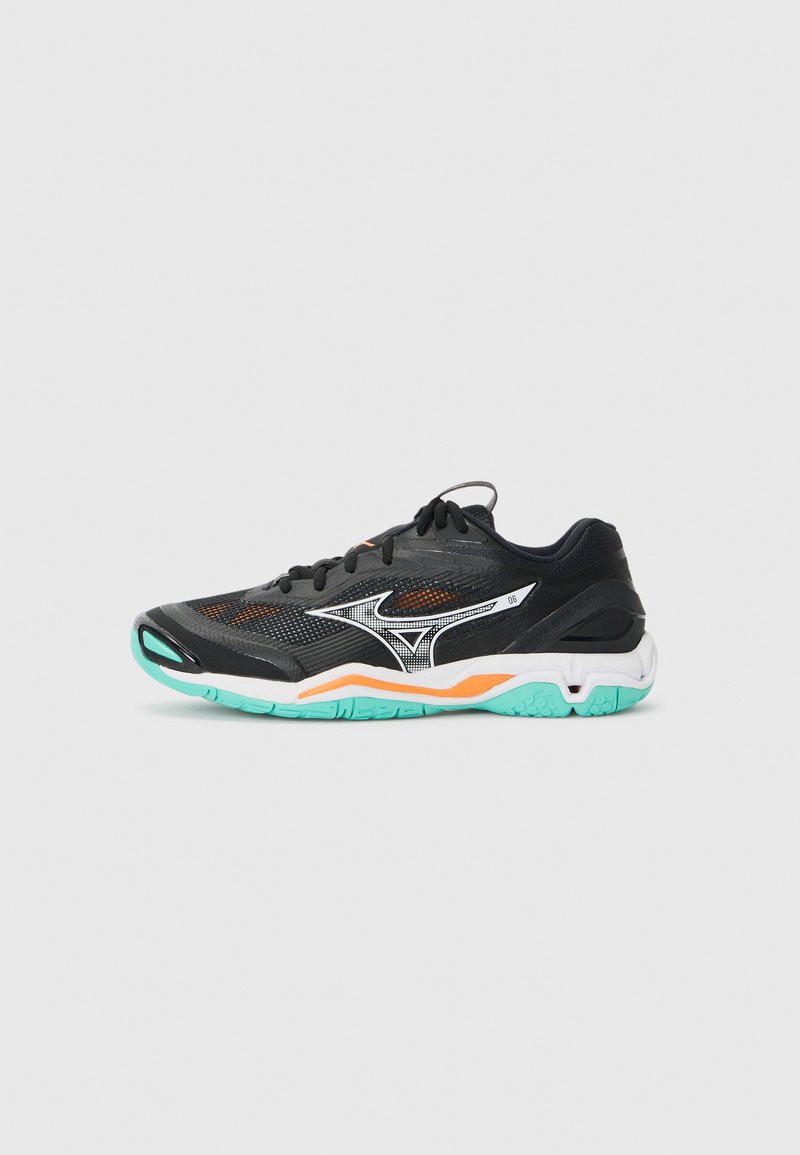 Black athletic shoe with mesh upper, silver accents, turquoise and orange details on sole, and black laces. Designed for performance and comfort.