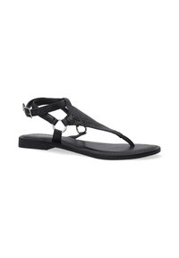 Sorte flade sandaler med en slank rem med tekstureret design, runde hardware-detaljer og en spændeankelrem for stabilitet.