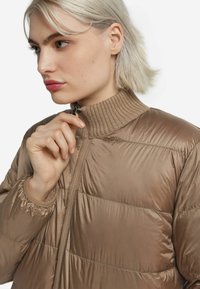 Brun vadderad jacka med dragkedja framtill, ribbad krage och elastiska muddarna; slät, blankt tyg med quiltat mönster.