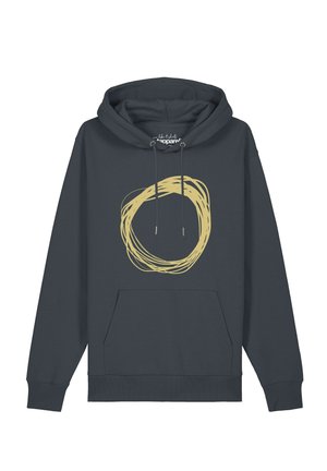 Dunkelgrauer Hoodie mit Fronttasche und gelbem abstraktem kreisförmigem Liniendesign in der Mitte, mit Kordeln an der Kapuze.