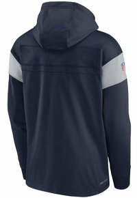 Sweat à capuche bleu marine avec accents gris, tissu DRI-FIT, dos en mesh texturé, capuche ajustable et écusson du logo NFL sur la manche.