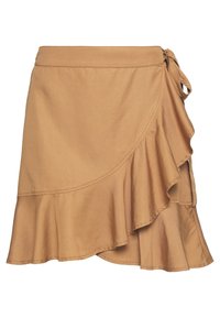 Brun omslagsnederdel lavet af letvægtsstof med en flæsekant og bindedetalje i taljen, der giver et lagdelt udtryk.