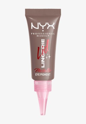Tuba NYX Professional Makeup Lid Lingerie Metallic Eye Pigment z brązowym korpusem i różową, spiczastą końcówką aplikatora.