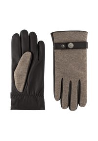 Leather gloves featuring a brown felt back, with a black leather strap and metal detail, and elasticized wrist for a secure fit.