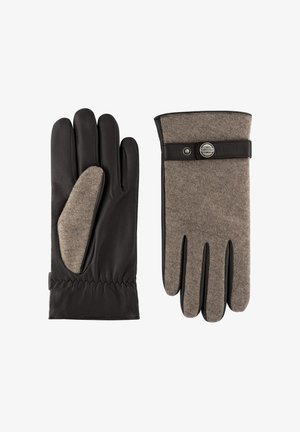 Leather gloves featuring a brown felt back, with a black leather strap and metal detail, and elasticized wrist for a secure fit.
