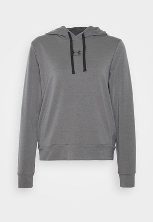 Sweat à capuche gris à manches longues avec cordons noirs et petit logo Under Armour centré sur la poitrine, présenté sur fond blanc.